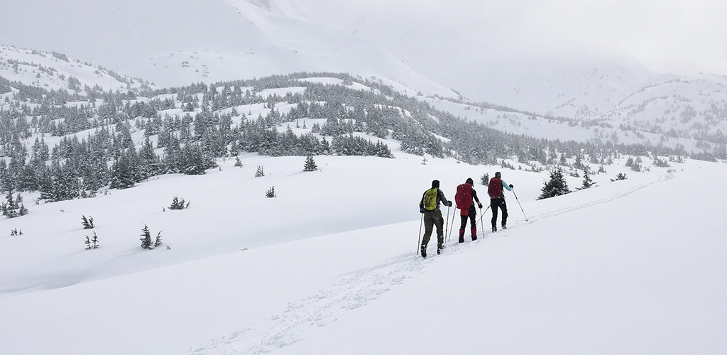 Three people walking on snow - Paxson Woelber